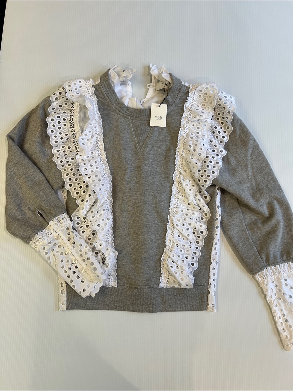 New Sea NY Women’s Grey Sweatshirt with White Ruffle Details in Size X-Small